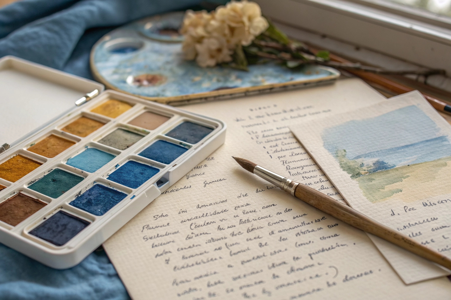 Stages Abstract painting and writing tools, artistic dialogue